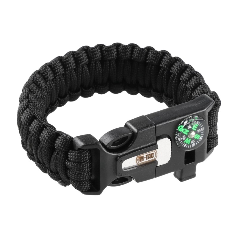 Bransoletka M-Tac Paracord z Krzesiwem, Kompasem i Gwizdkiem, czarny