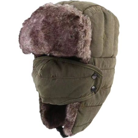CZAPKA  MYŚLIWSKA  HUNTER  USZATKA  ZIMOWA  CIEPŁA  ZIELONA  Z  ODPINANĄ  MASKĄ