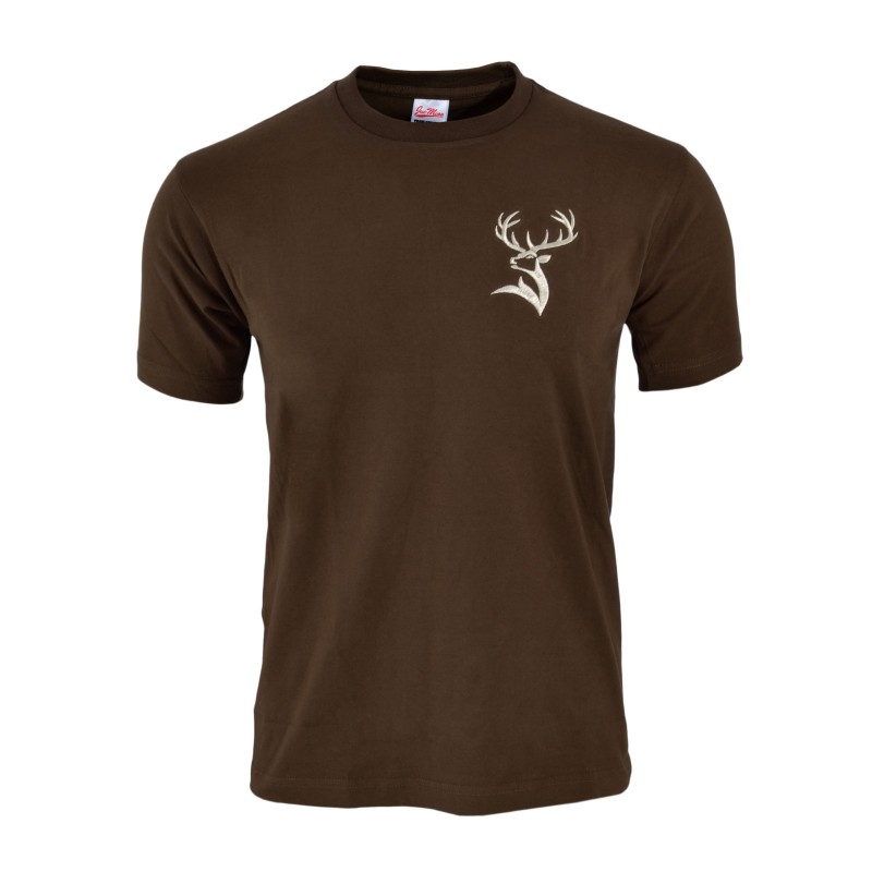 Koszulka  myśliwska  HUNTER  T-shirt,  bawełniana  z  haftem  jelenia  byka,  krótki  rękaw  brązowa