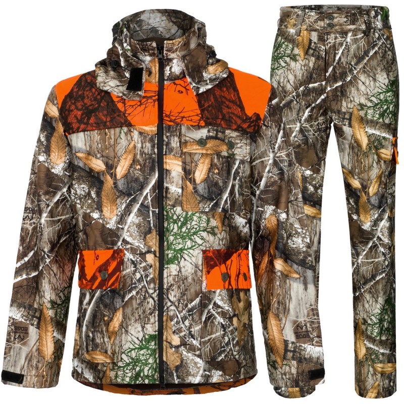 Komplet myśliwski HUNTER softshell kamuflaż real/orange na polowania zbiorowe