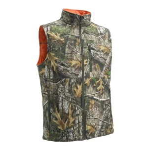 KAMIZELKA MYŚLIWSKA HUNTER, WĘDKARSKA DWUSTRONNA w kamuflażu leśnym/orange